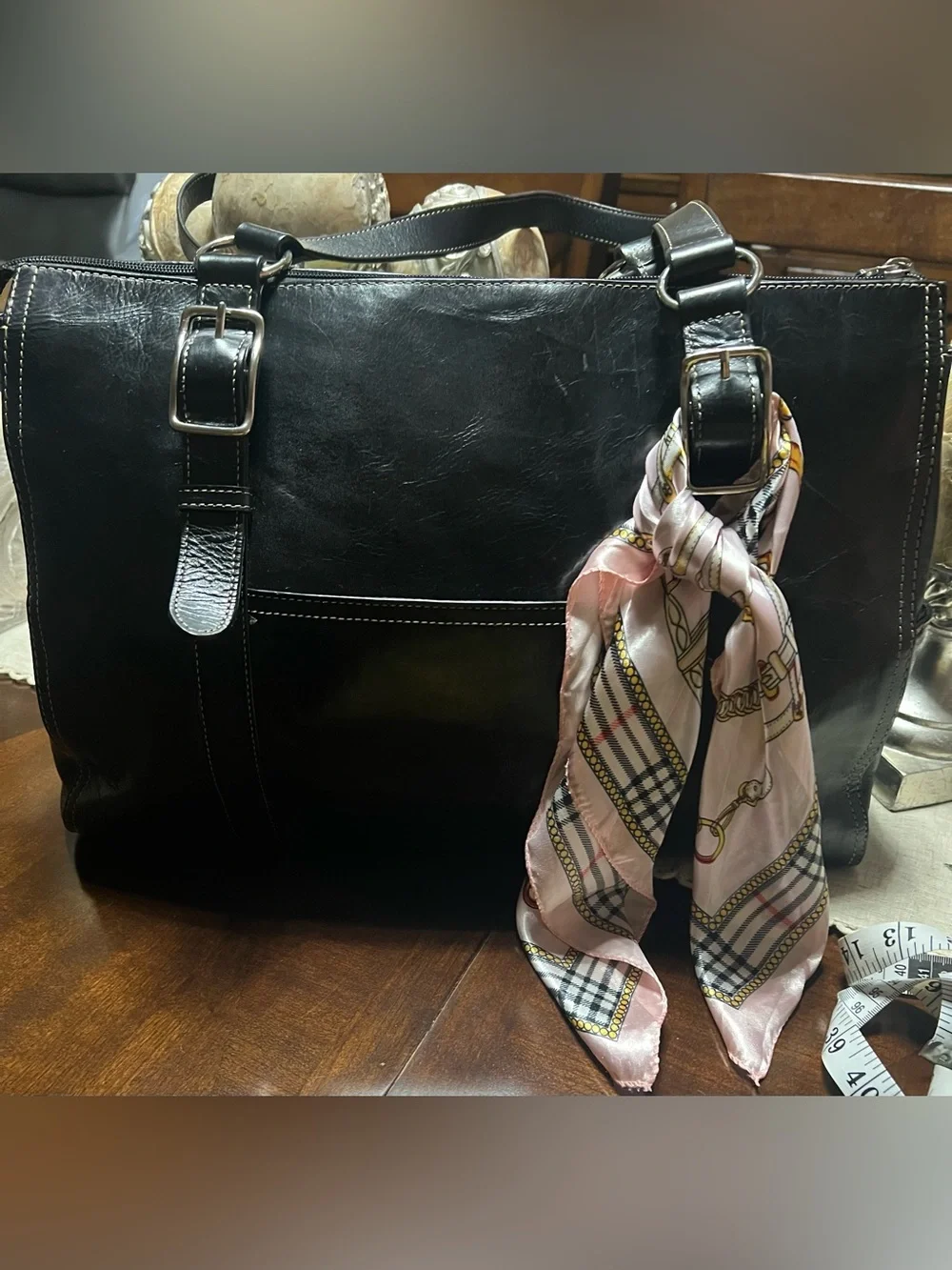 Fossil Black Leather Purse/ Briefcase with Magenta Lining